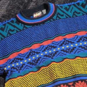 Vtg 1990s Bright Primary Color Geometric pullover sweater Lightning Bolt brand M